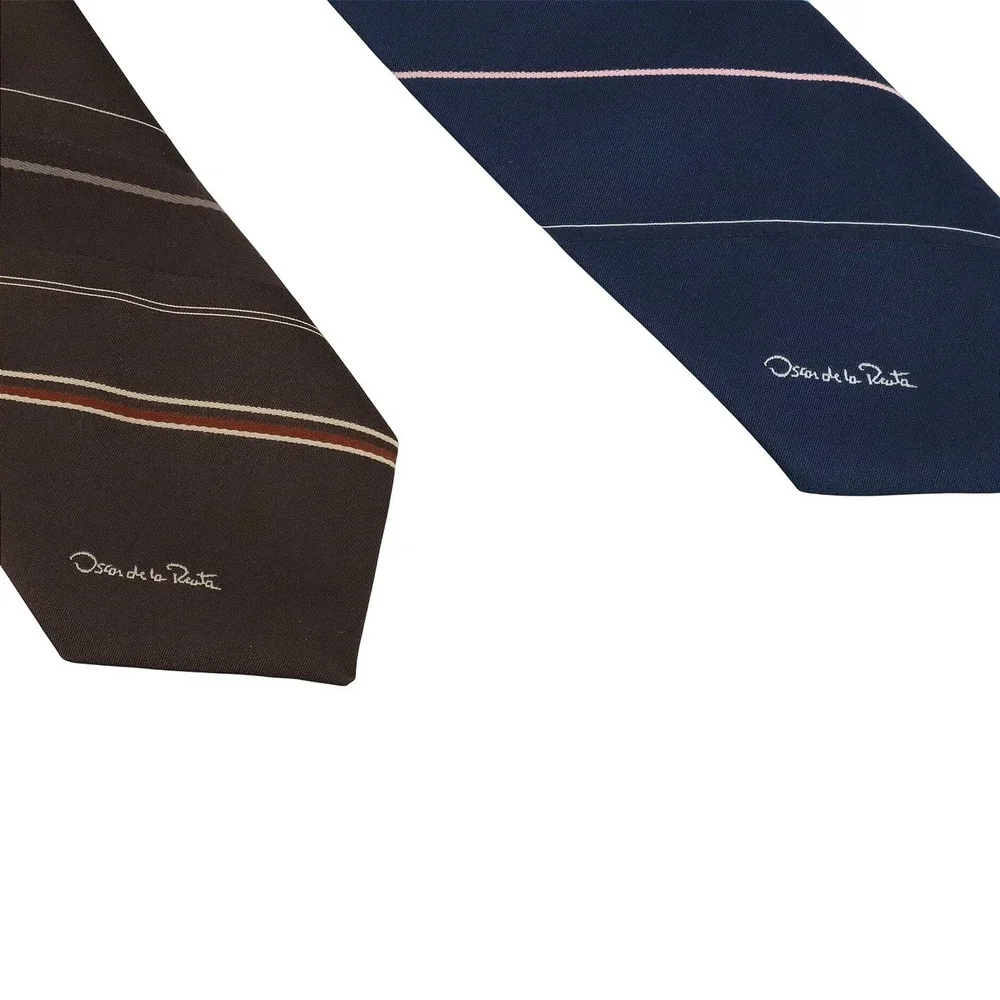 Vintage Oscar de la Renta Silk Neck Ties Navy Brown Stripe Classic 57